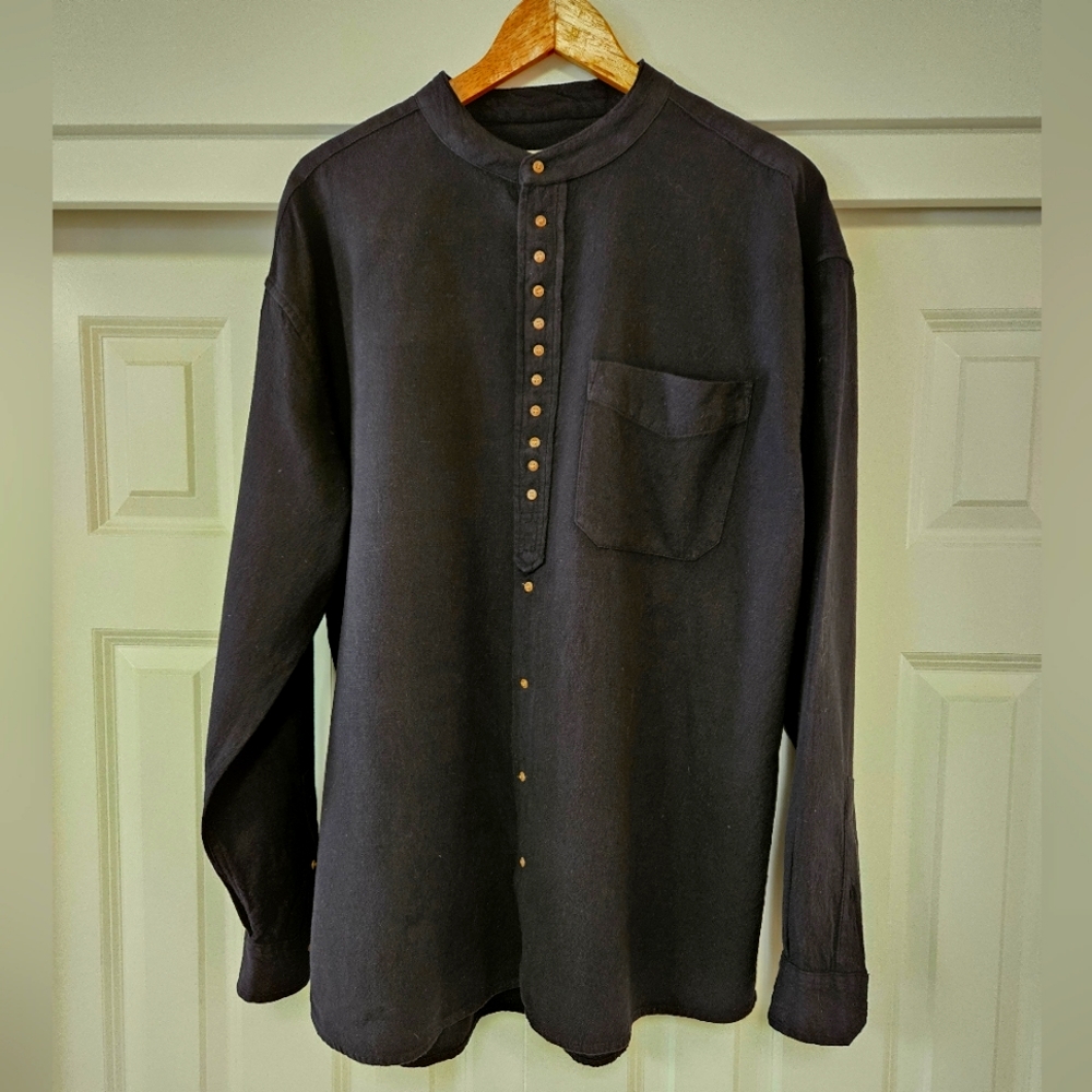 Civilian, extra large, black collarless shirt, breathable cotton & linen.